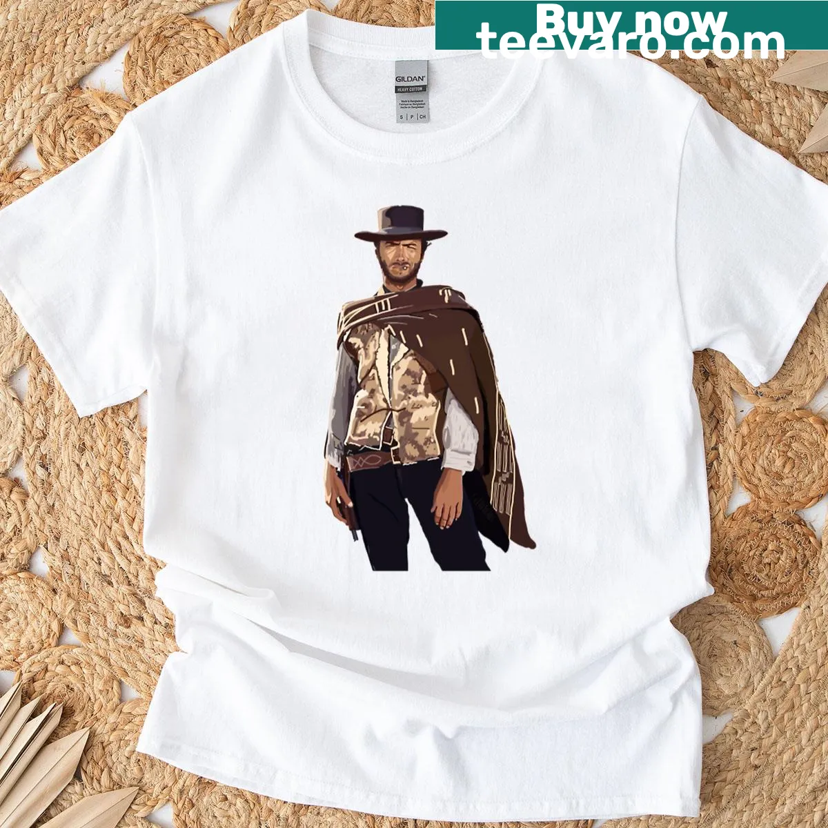 T-shirt featuring the name 'Clint Eastwood' in bold typography — on a men's t-shirt