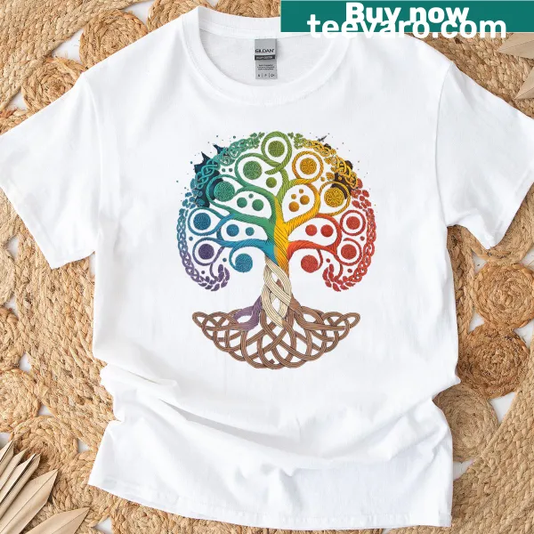 Illustrated Tree of Life representing Norse mythology on t-shirt