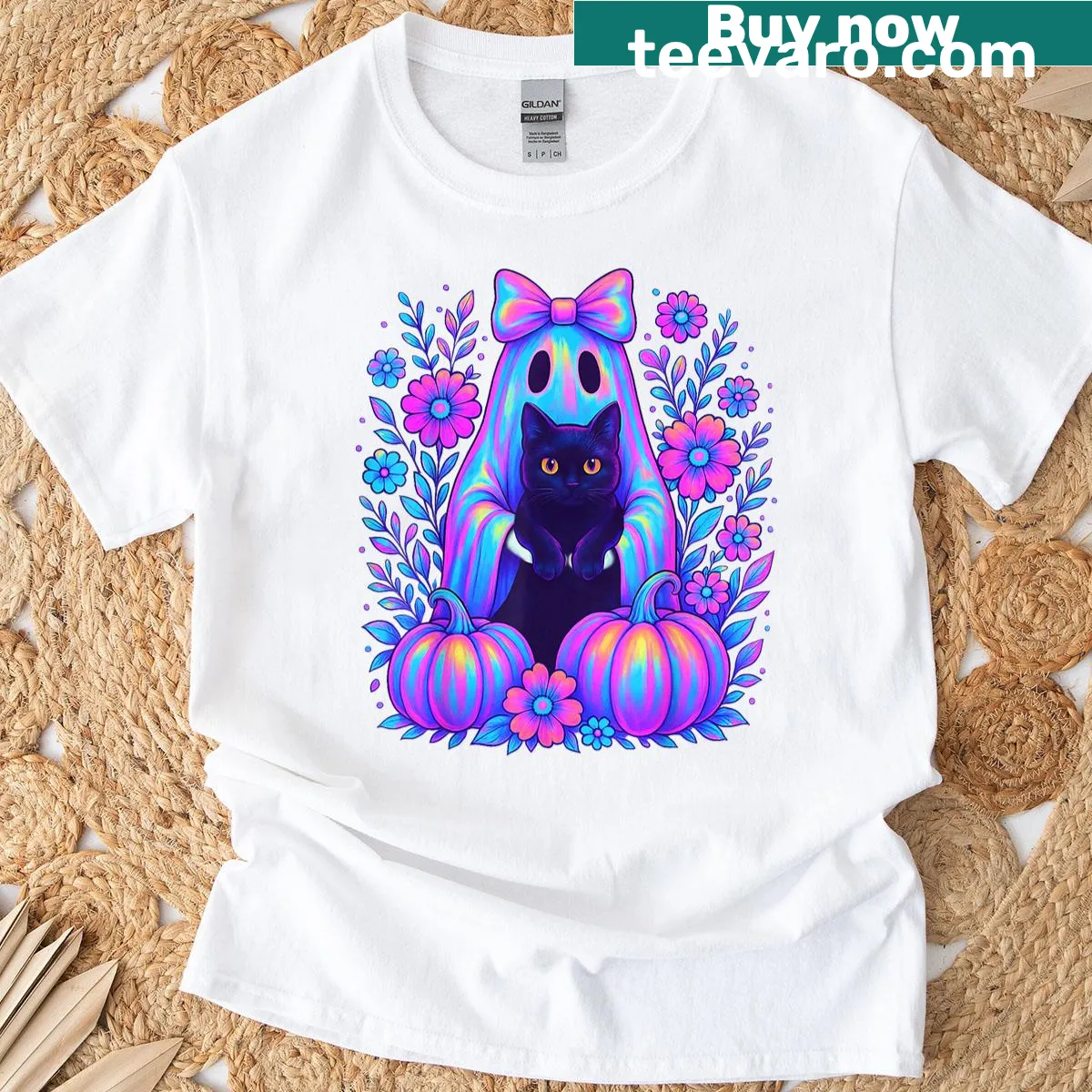 Cute Halloween T-shirt featuring a ghost holding a black cat with a bow. — on a men's t-shirt