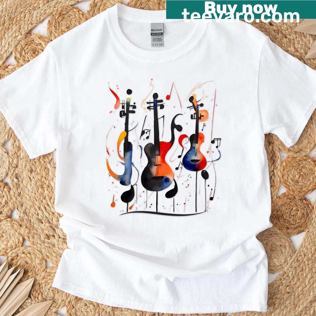 Graphic t-shirt featuring music-inspired design with guitars — on a men's t-shirt