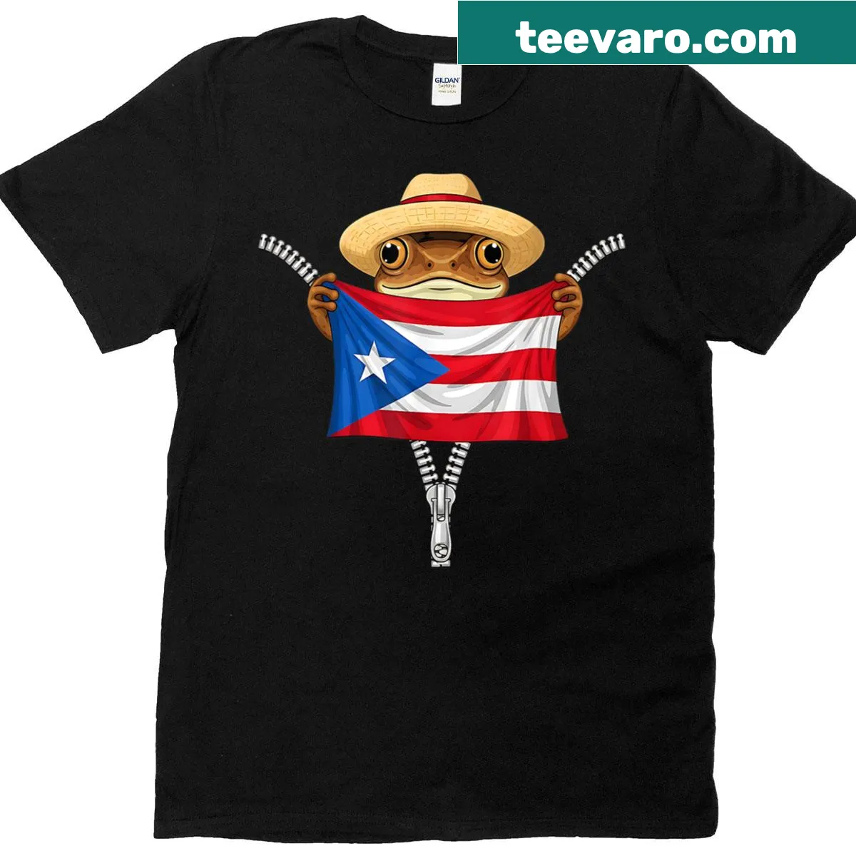 Coqui frog and Puerto Rican flag graphic on t-shirt — on a men's t-shirt