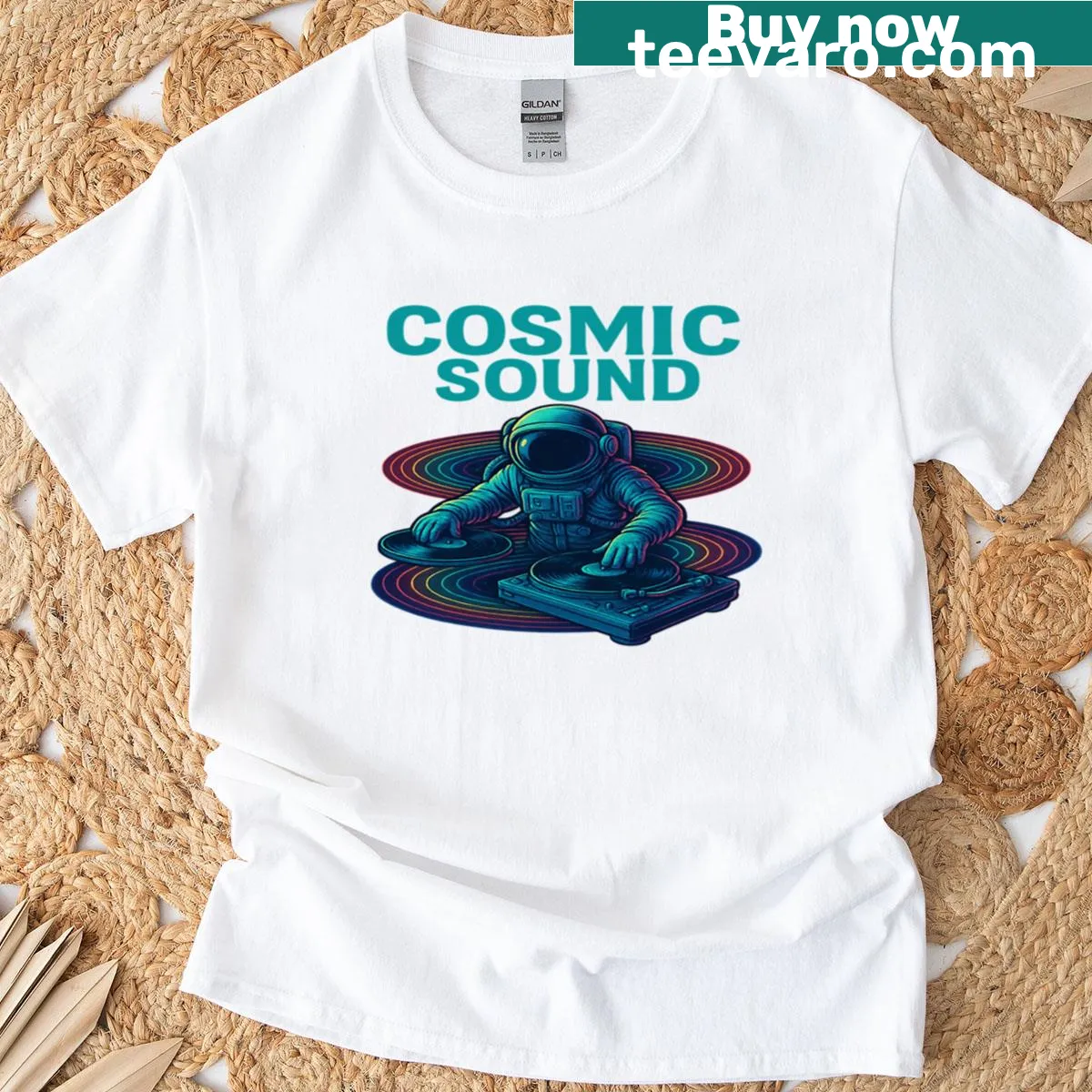 Astronaut DJ graphic with vinyl records and cosmic elements — on a men's t-shirt