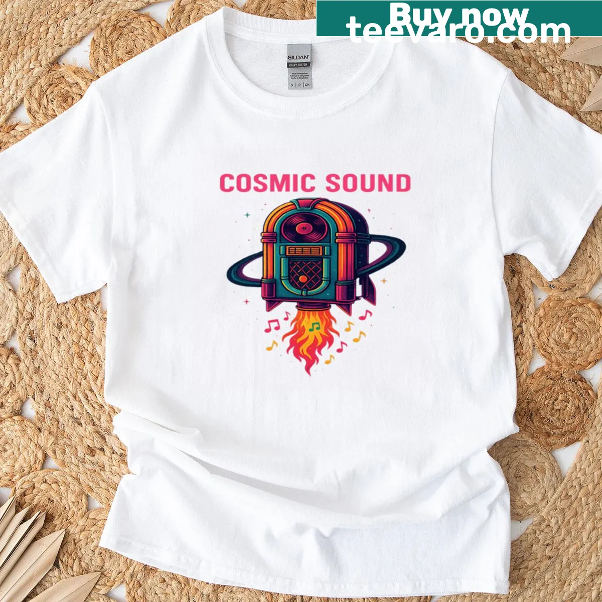 Retro space music graphic featuring a jukebox rocket — on a men's t-shirt