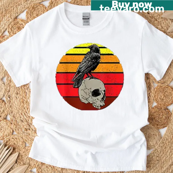 Minimalist skull and crow line-art graphic on a t-shirt