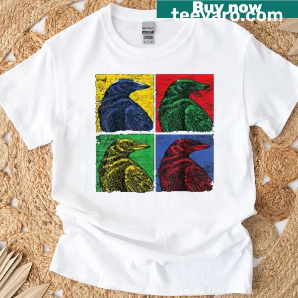 Minimalist line-art of a crow against a sunset on a t-shirt
