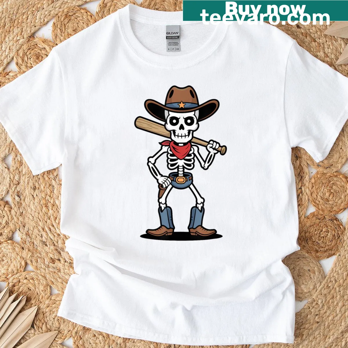 Cowboy skeleton playing baseball Halloween graphic on T-shirt — on a men's t-shirt