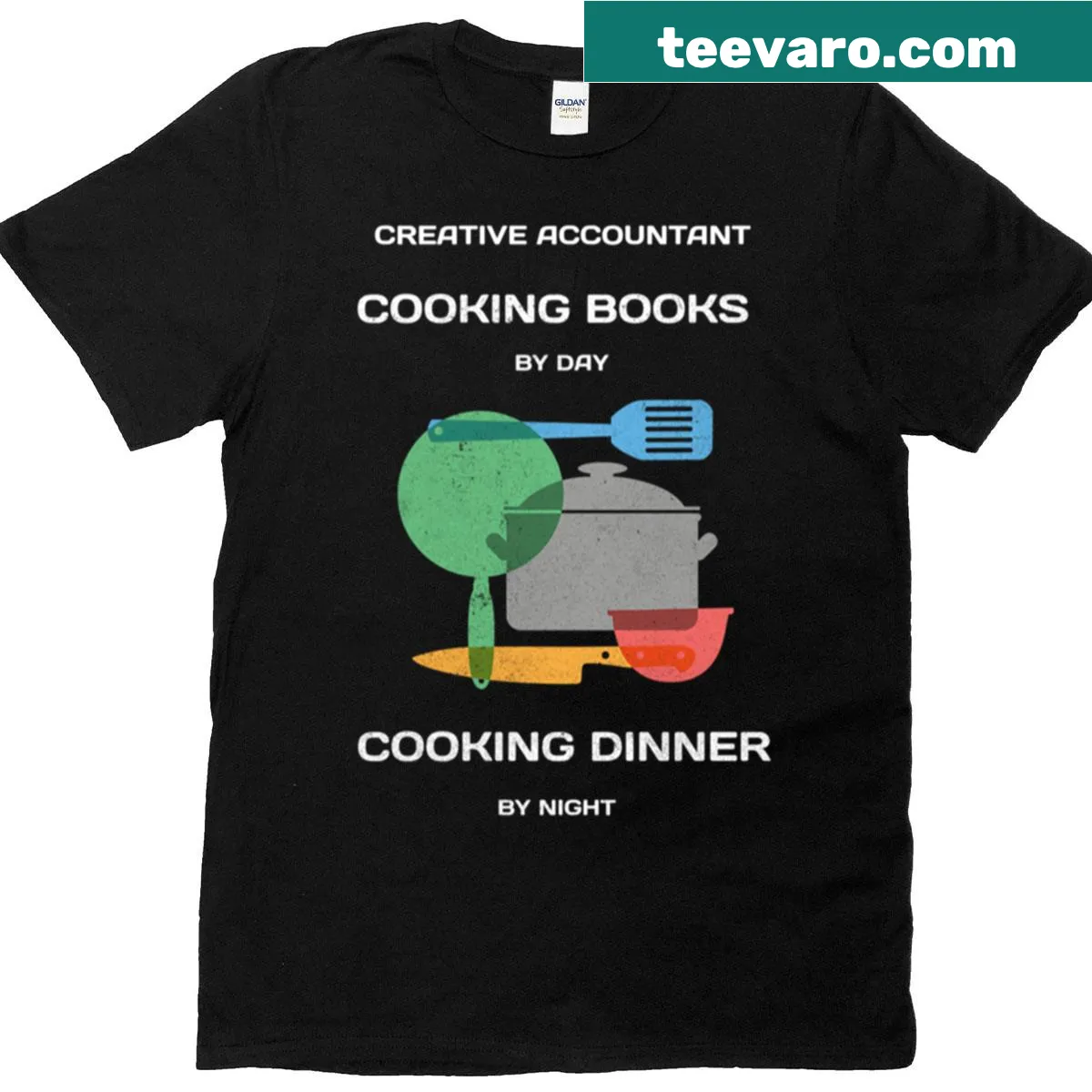 Humorous accountant shirt with 'Cooking Books By Day Cooking Dinner By Night' text — on a men's t-shirt