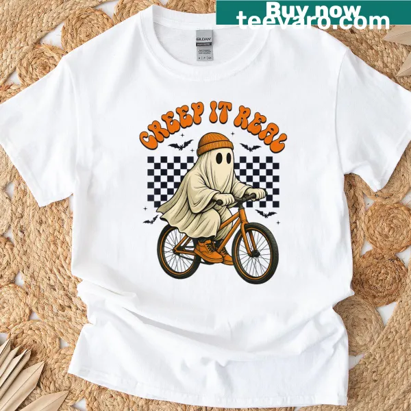 Ghost riding a bike graphic for Halloween t-shirt