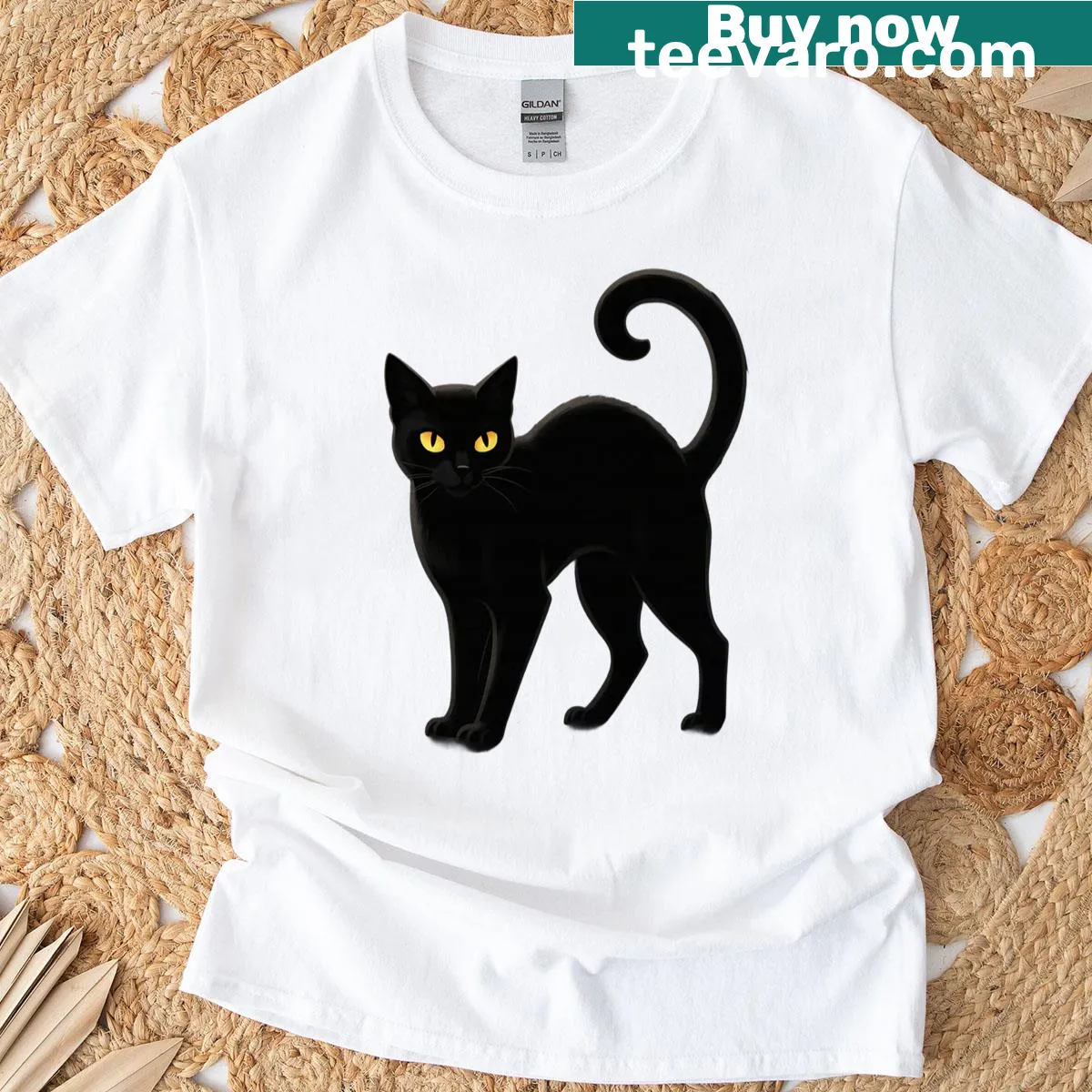 Illustration of a creepy black cat with glowing eyes for Halloween — on a men's t-shirt