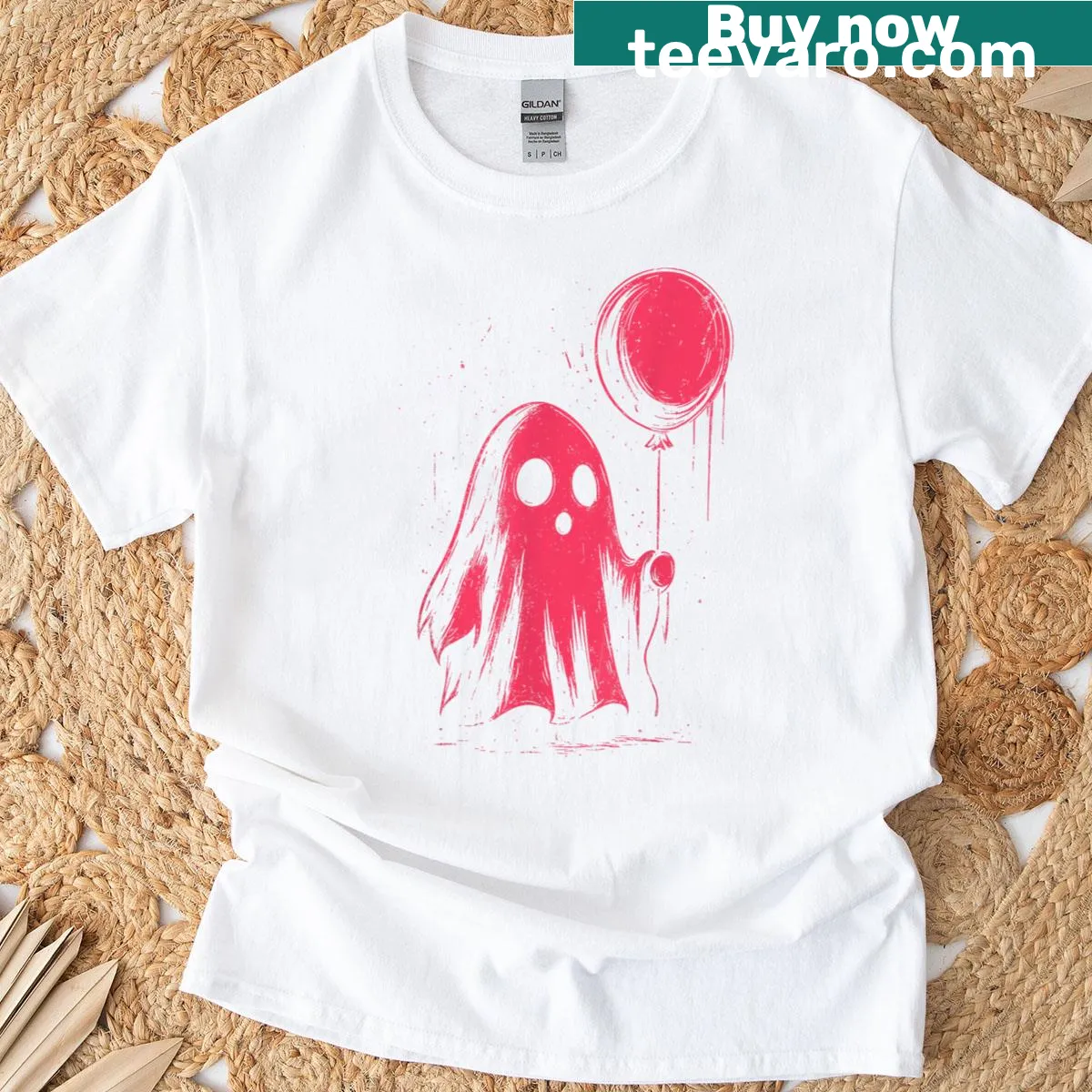 Cute pastel goth ghost holding balloon Halloween t-shirt — on a men's t-shirt