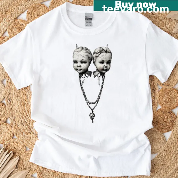 Illustrated creepy doll head necklace graphic for Halloween