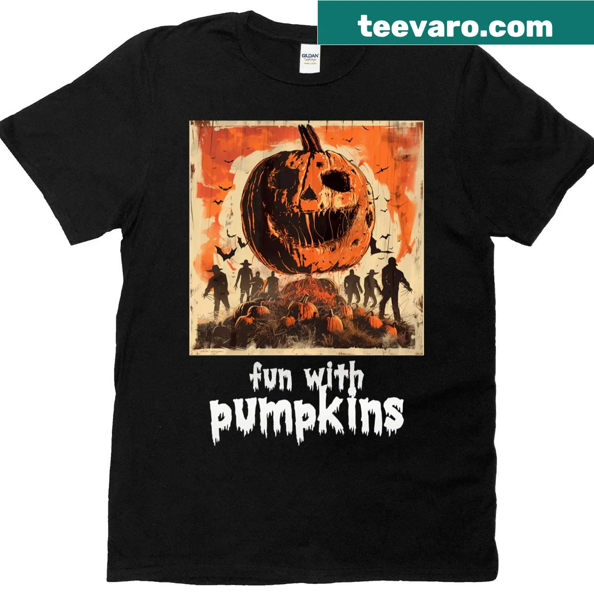 A t-shirt featuring creepy pumpkins for Halloween — on a men's t-shirt