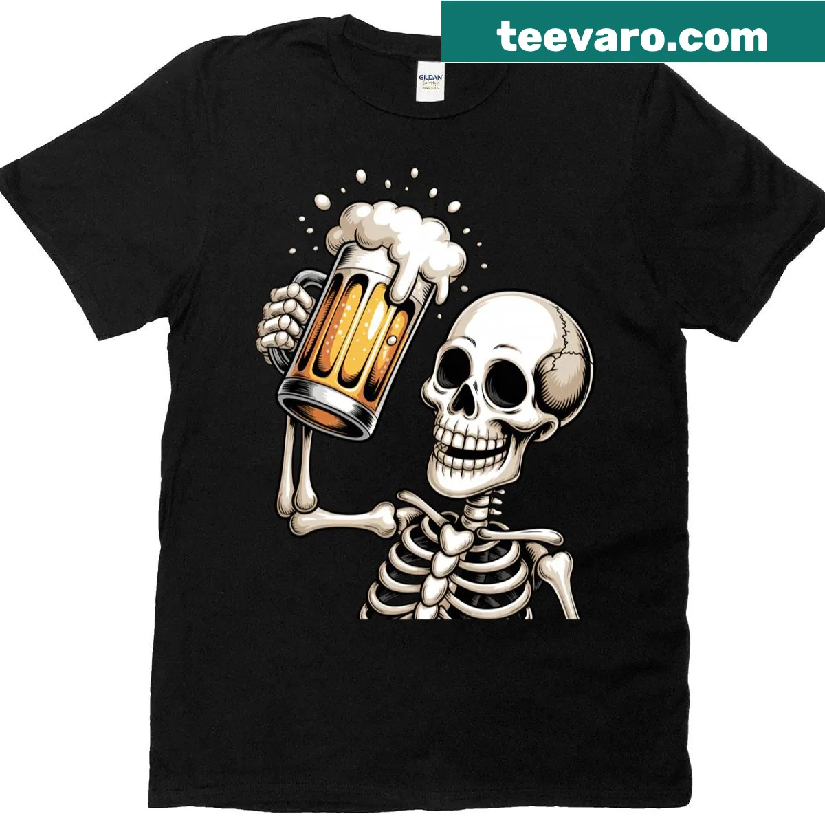 Funny skeleton drinking beer Halloween t-shirt design — on a men's t-shirt