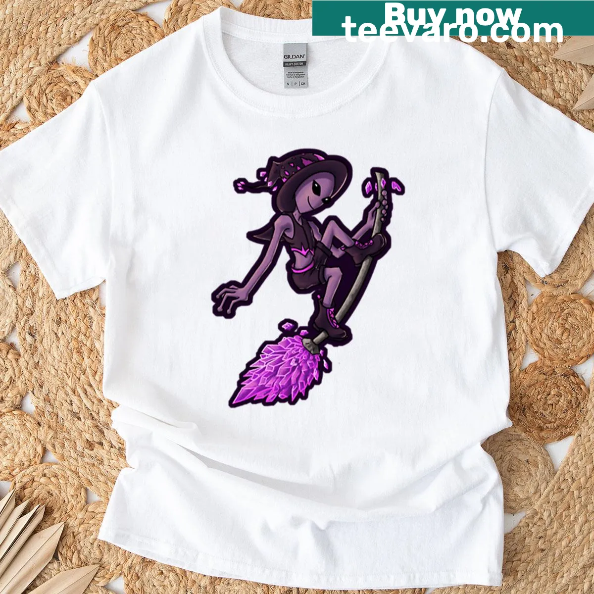 Charming witch with crystals and alien elements in a whimsical design. — on a men's t-shirt
