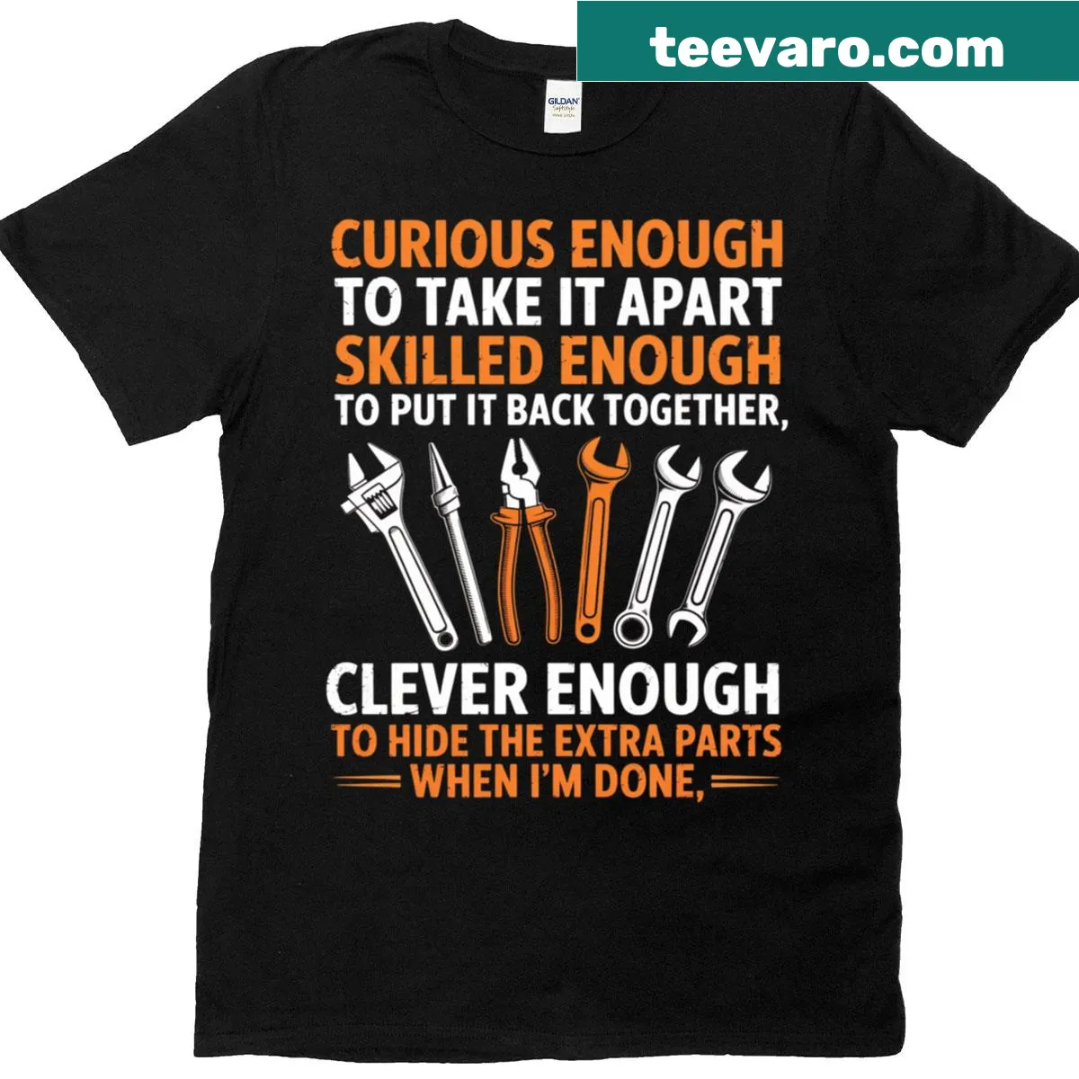 Funny mechanic t-shirt with text 'Curious Enough To Take It Apart' — on a men's t-shirt