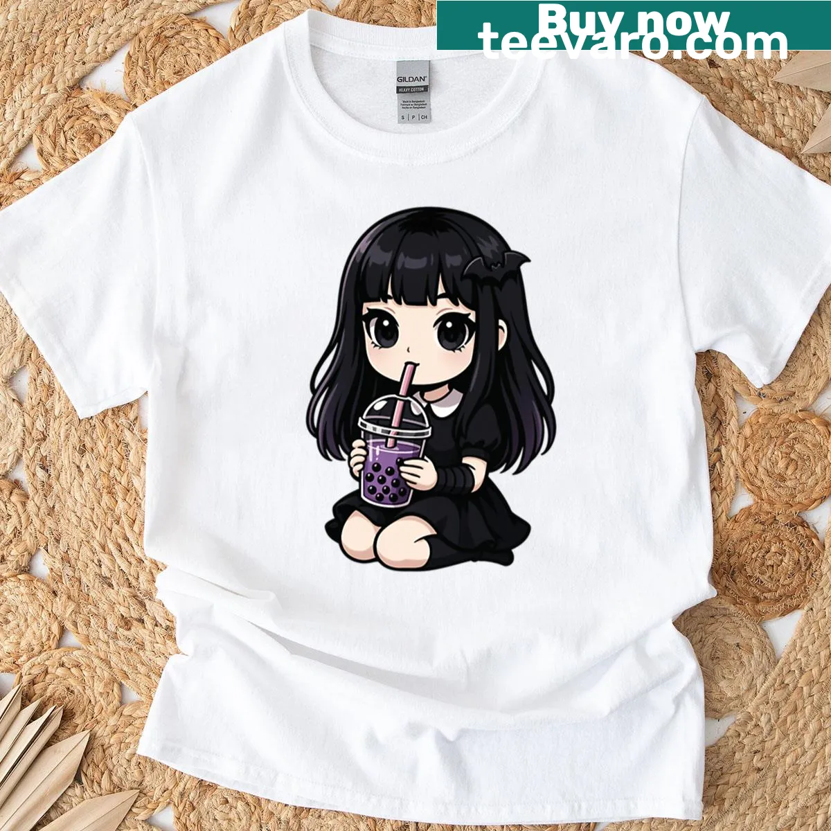 Kawaii anime girl graphic with boba tea design — on a men's t-shirt