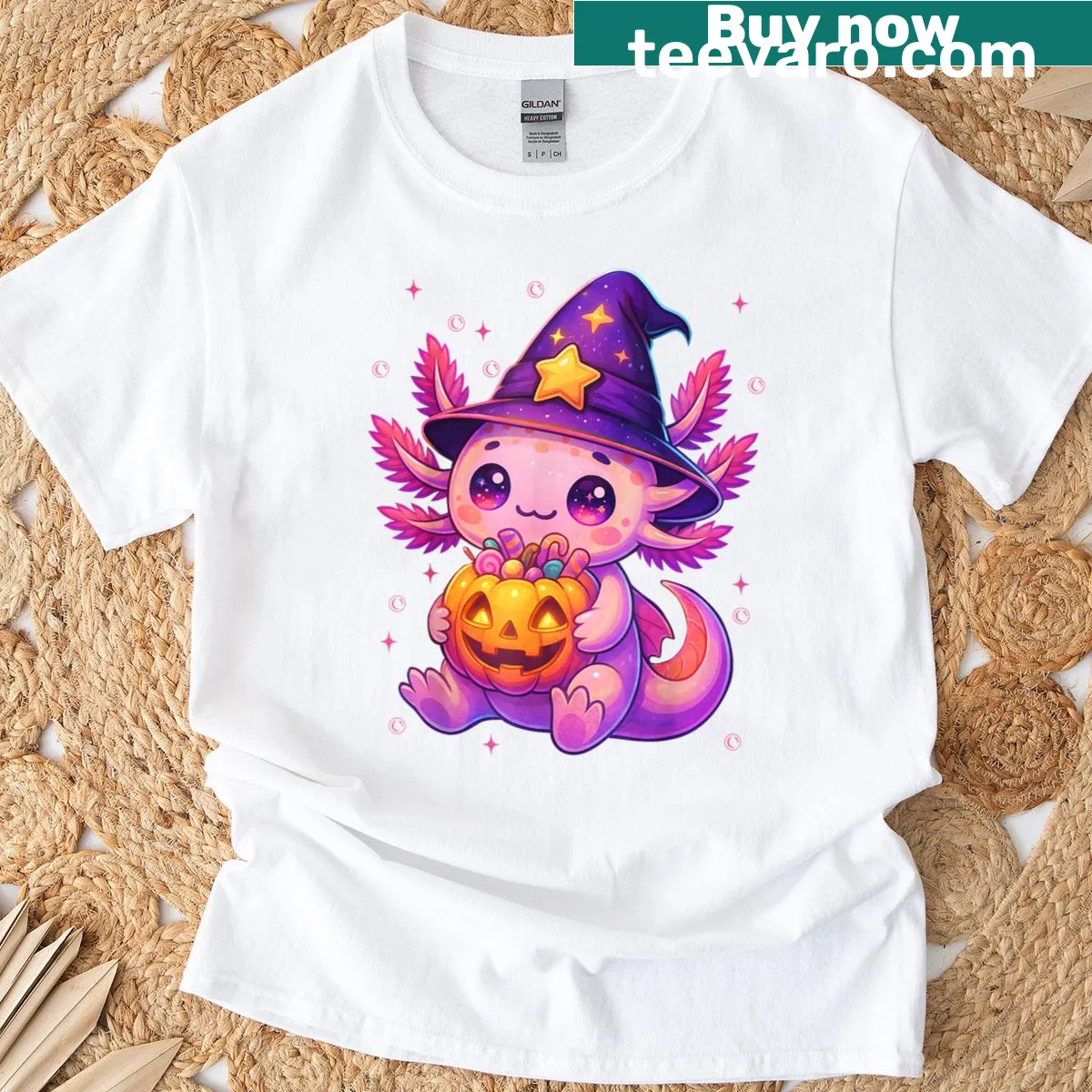 Illustration of a witch axolotl on a pumpkin for Halloween — on a men's t-shirt