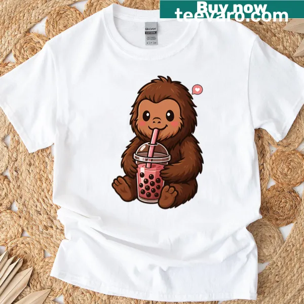 Cute Bigfoot holding boba tea graphic T-shirt