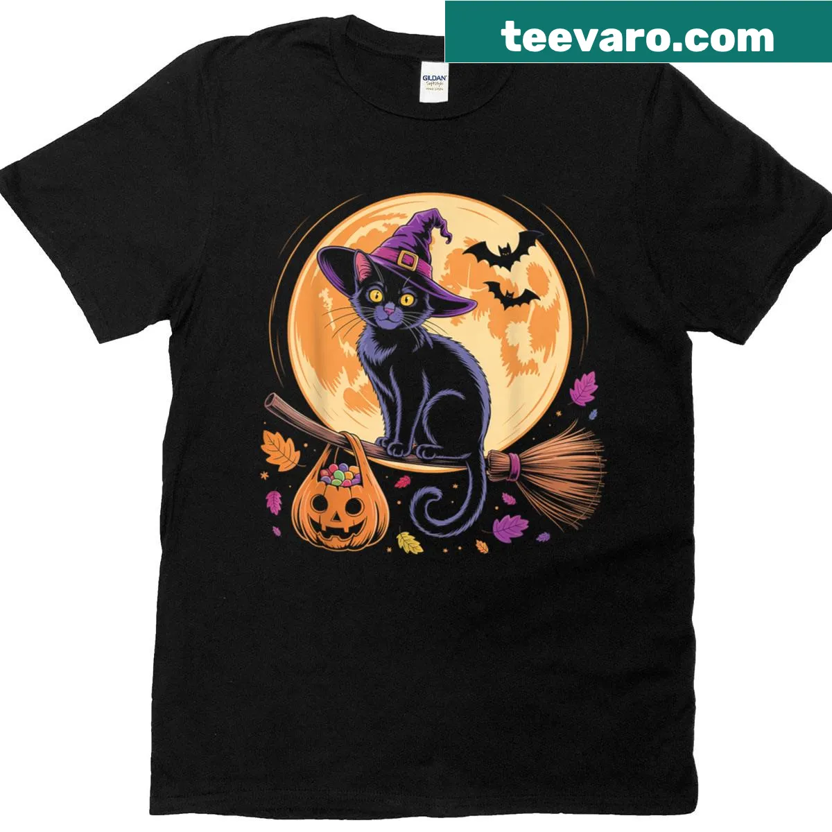 Cute black cat with a witch hat and pumpkins Halloween graphic — on a men's t-shirt