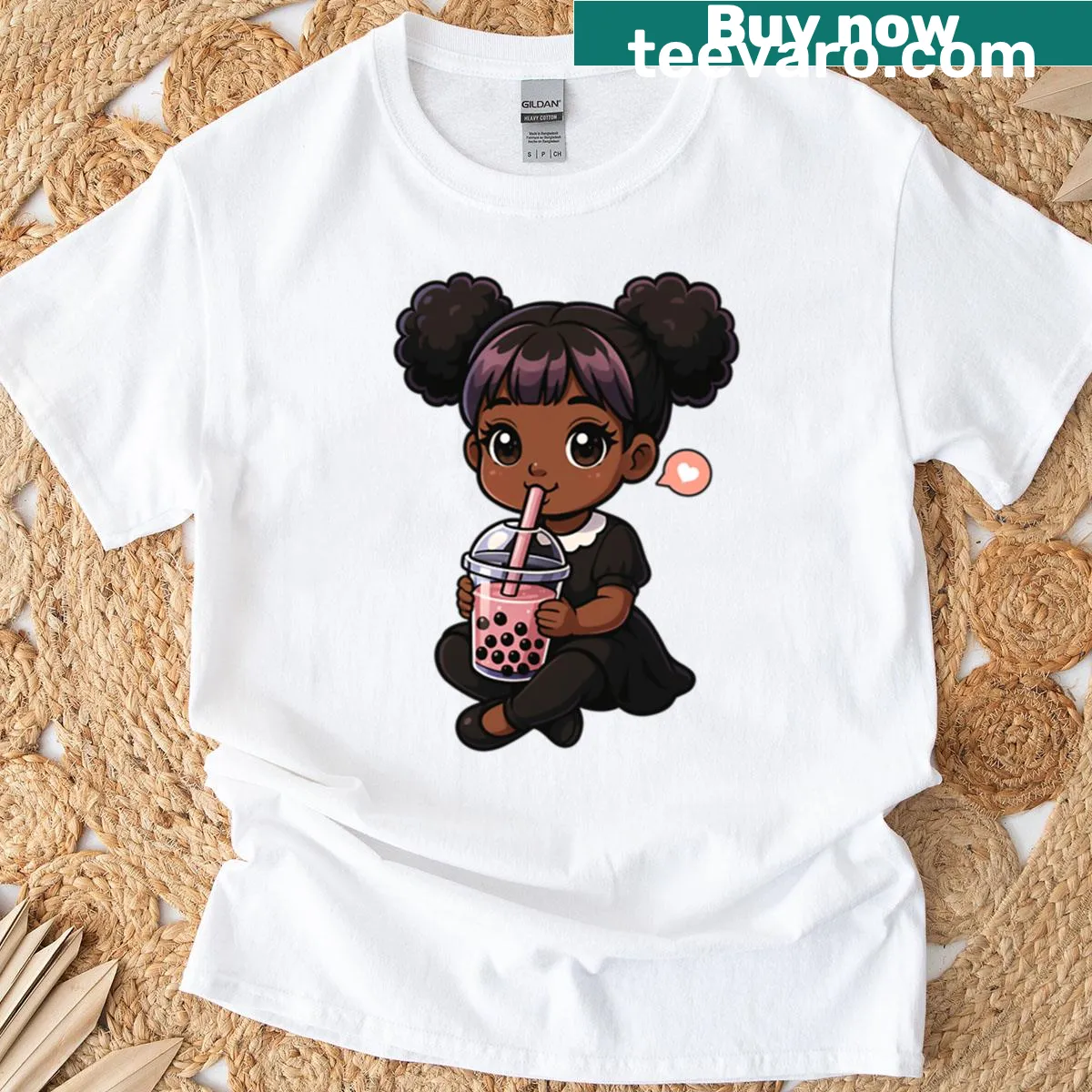 Kawaii T-shirt featuring a black girl holding boba tea — on a men's t-shirt