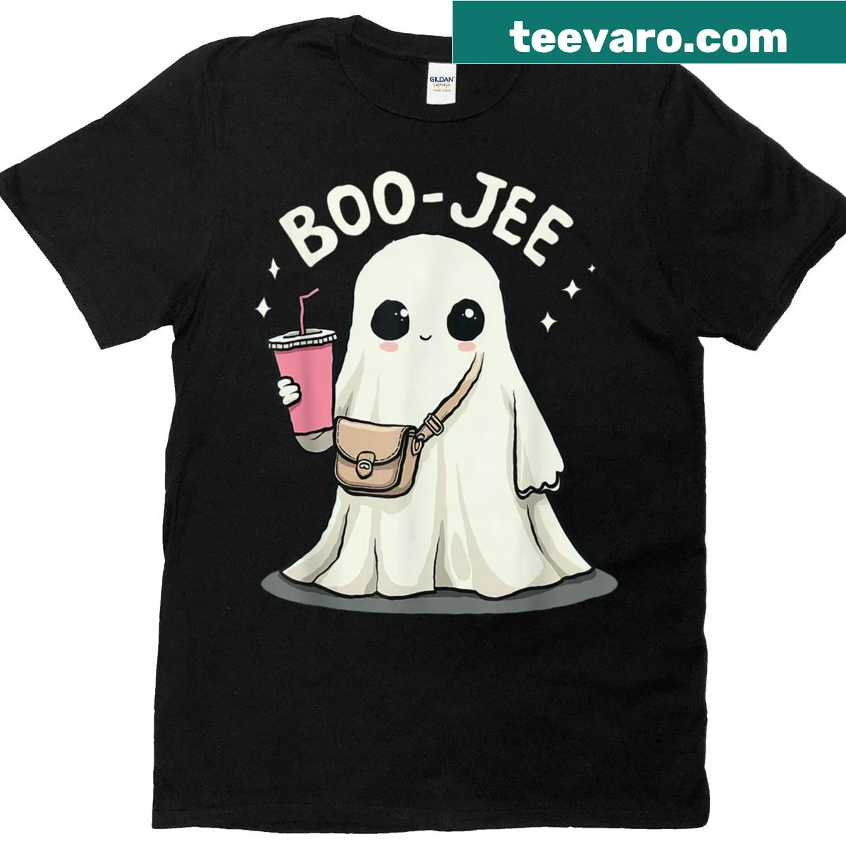 Cute ghost coffee design on a women's Halloween T-shirt — on a men's t-shirt