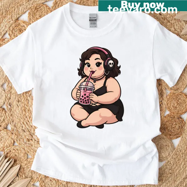 Kawaii chubby girl with boba tea graphic T-shirt