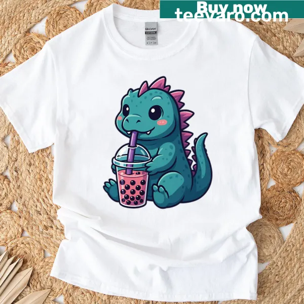 Kawaii dragon with boba tea graphic on a kids t-shirt