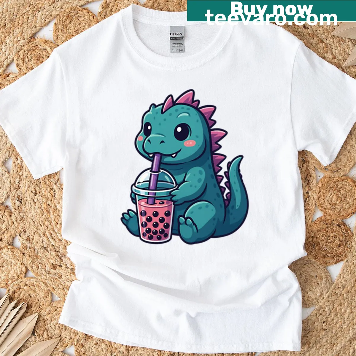 Kawaii dragon with boba tea graphic on a kids t-shirt — on a men's t-shirt