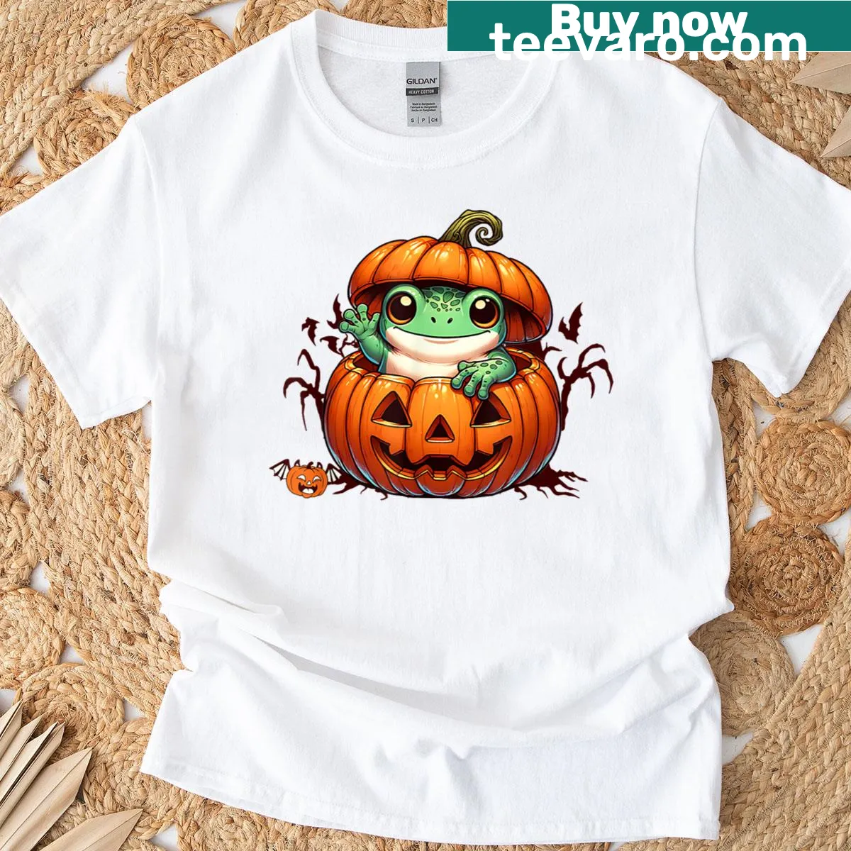 Cute frog in jack-o-lantern graphic for Halloween t-shirt — on a men's t-shirt