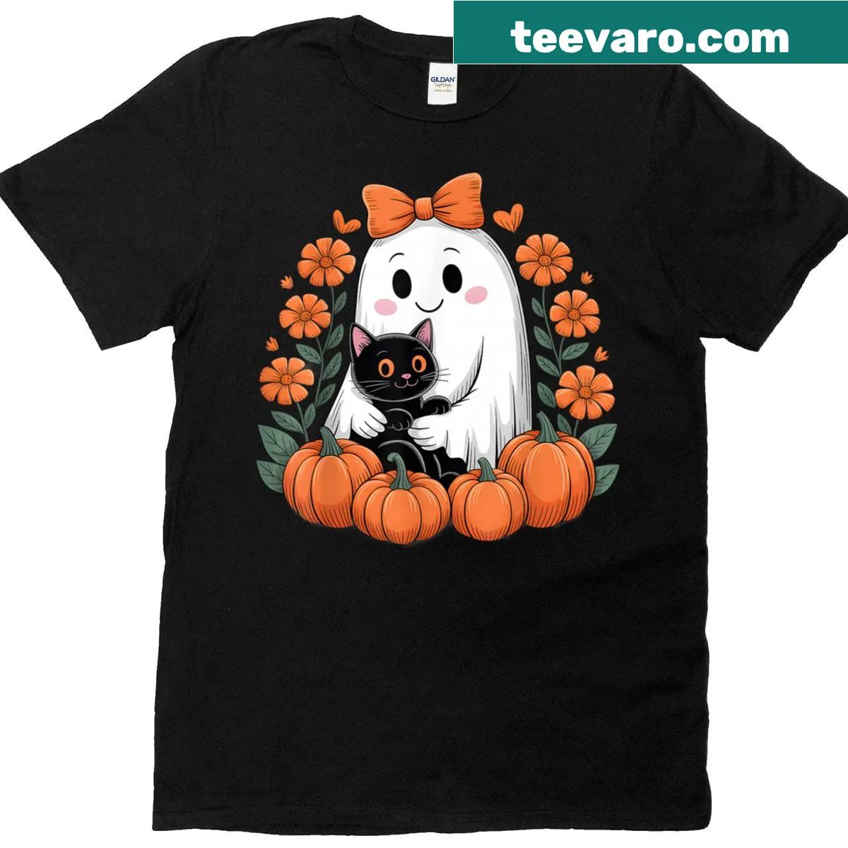 Halloween t-shirt with cute ghost, black cat, and pumpkin — on a men's t-shirt