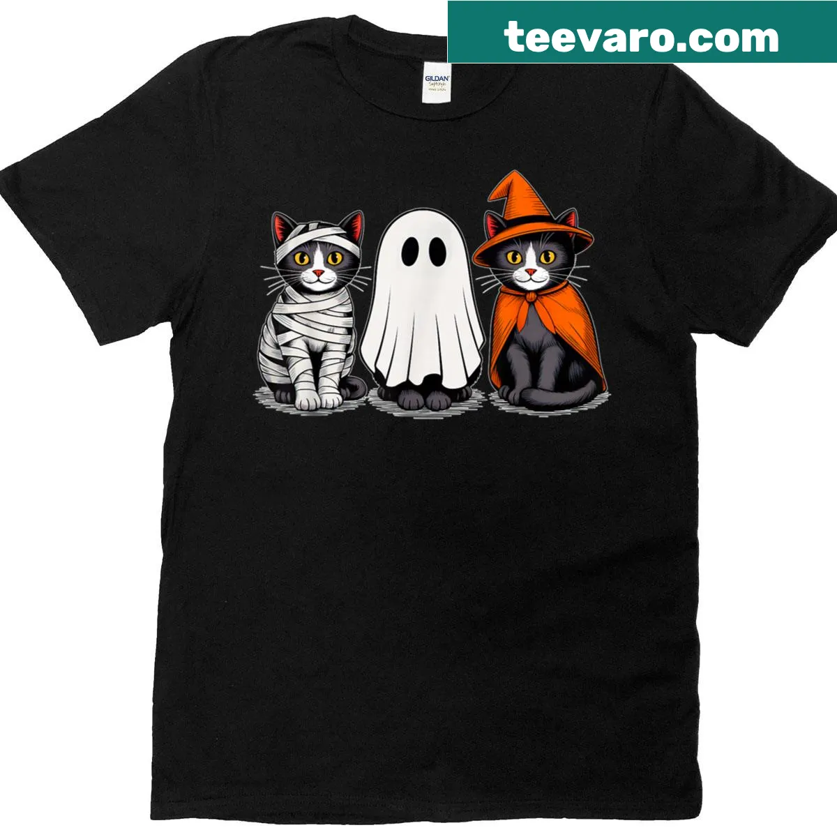 Halloween T-shirt with cute ghost, black cat, and pumpkin design — on a men's t-shirt