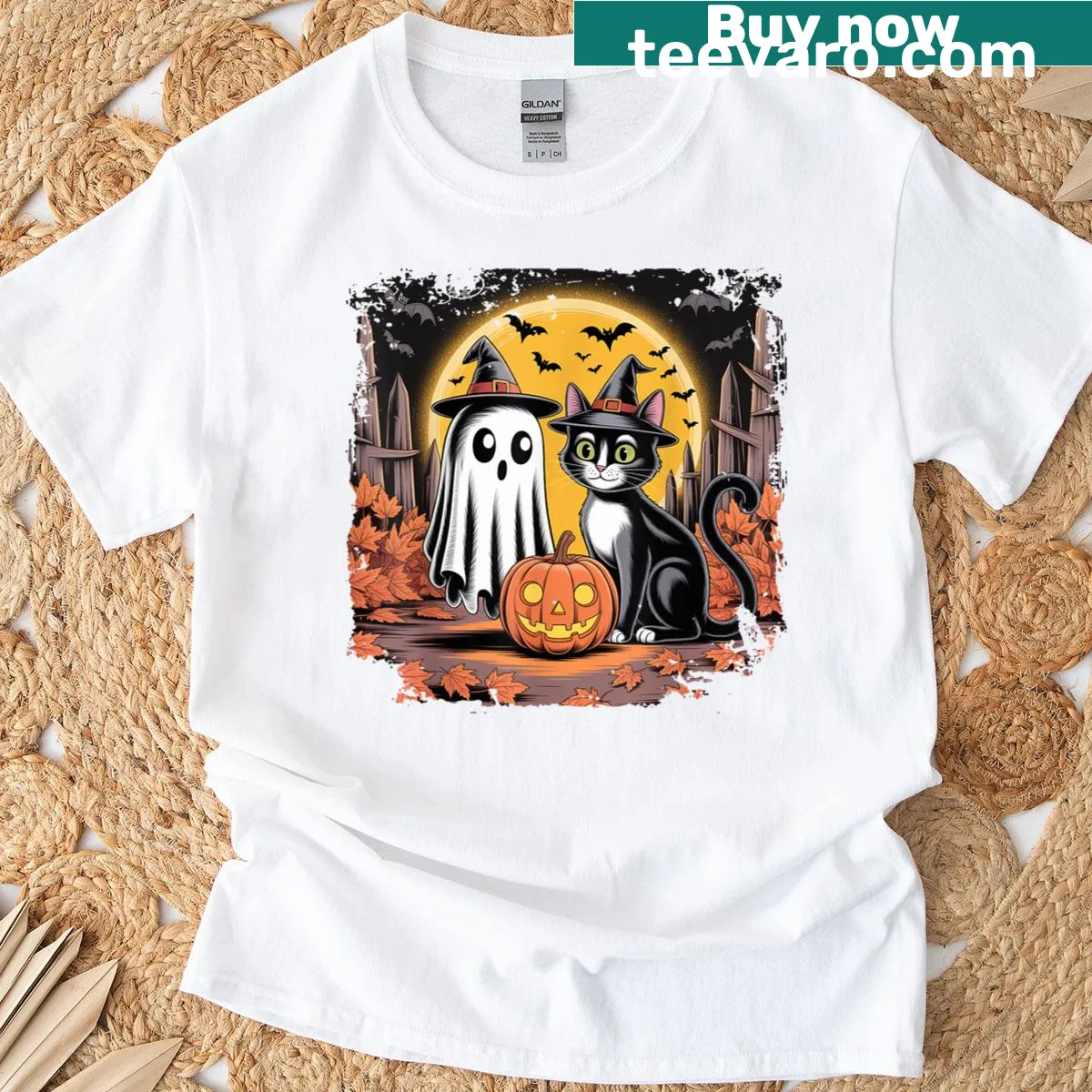 Cute illustration of a black cat with ghosts and pumpkins — on a men's t-shirt