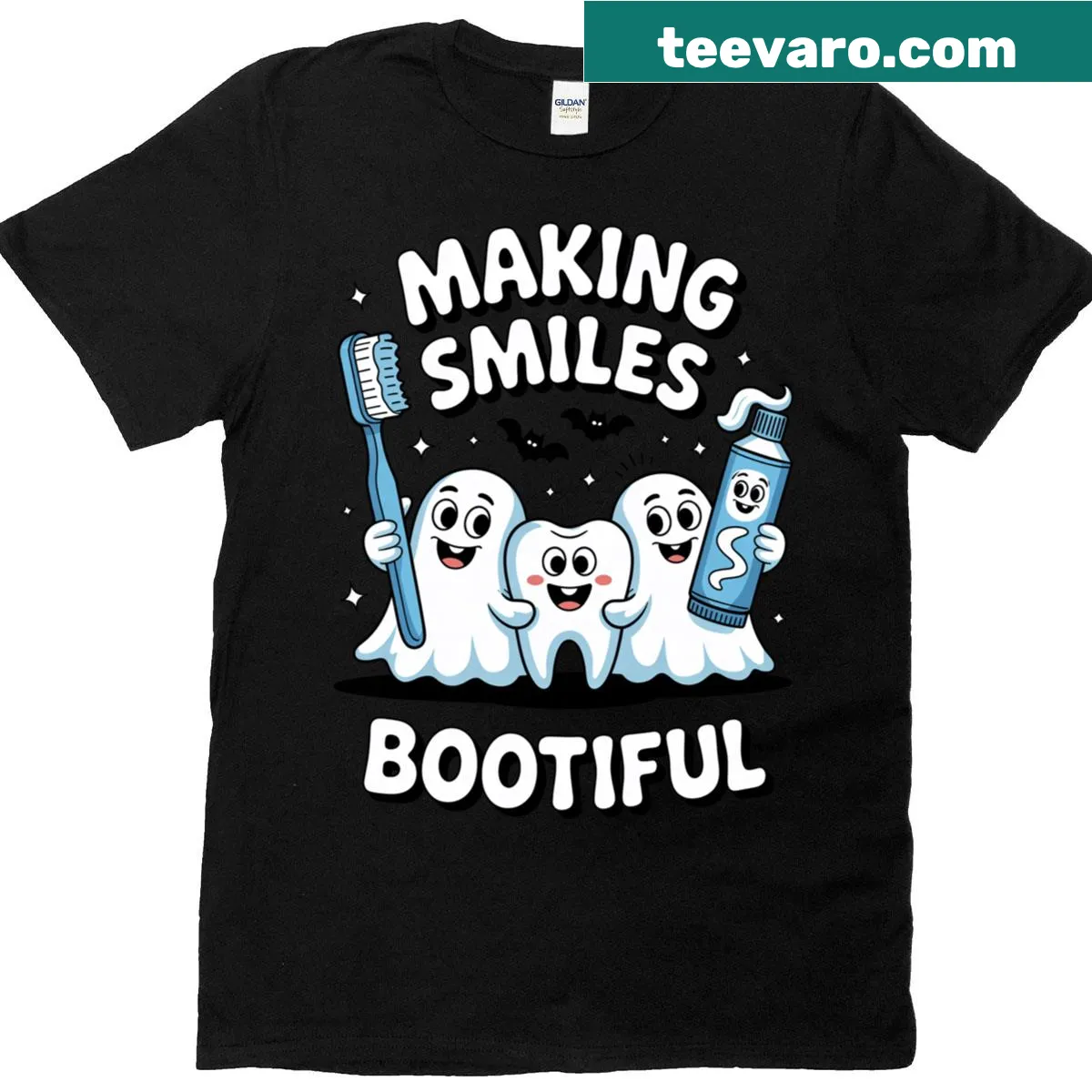 Cute ghost dentist graphic on Halloween t-shirt — on a men's t-shirt