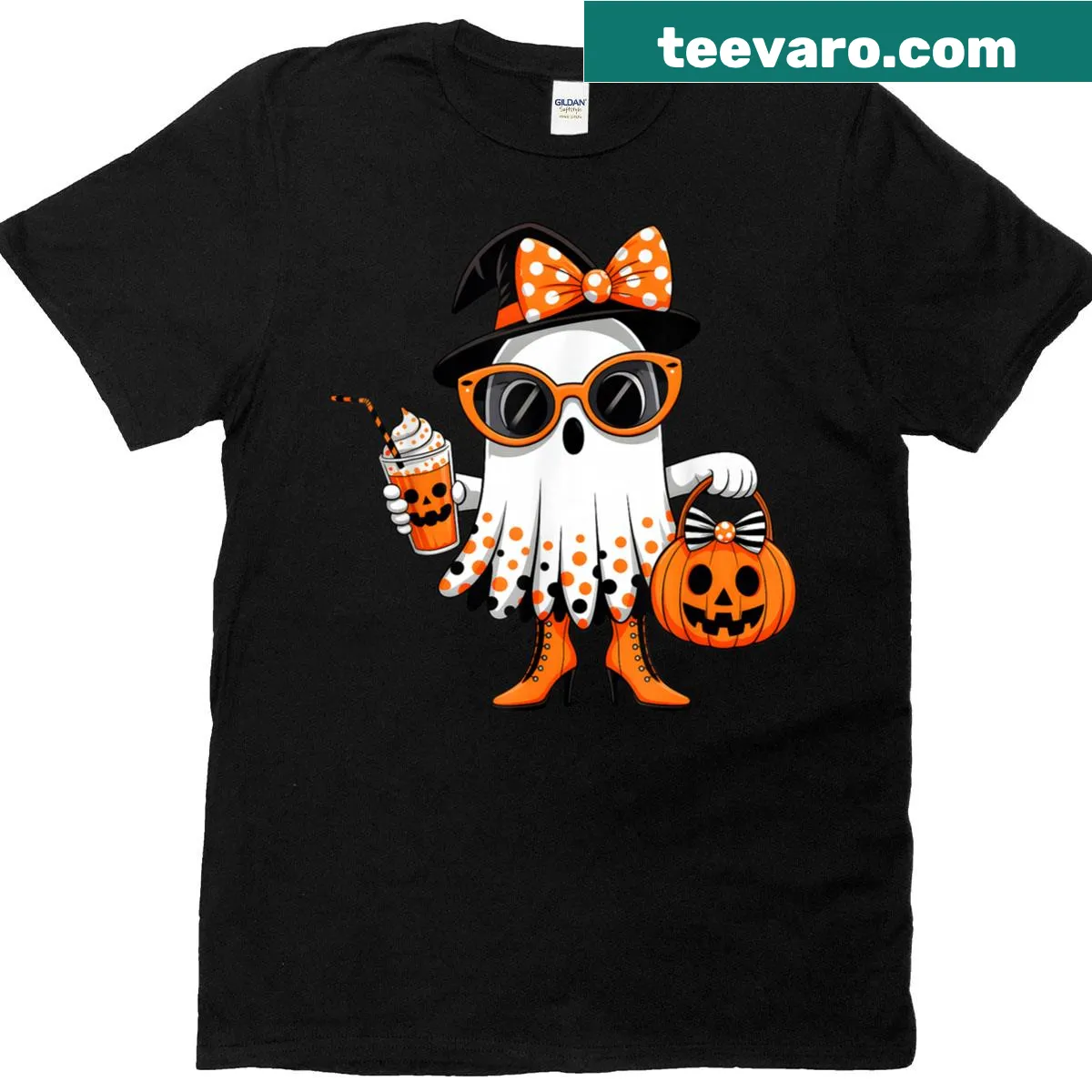 Adorable ghost drinking coffee design for Halloween — on a men's t-shirt