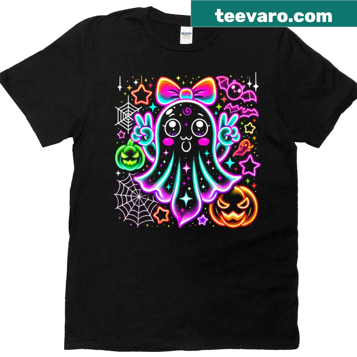 Cute ghost with a pumpkin illustration on a T-shirt — on a men's t-shirt
