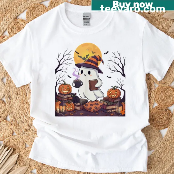 Ghost with a book and coffee design on a Halloween t-shirt.