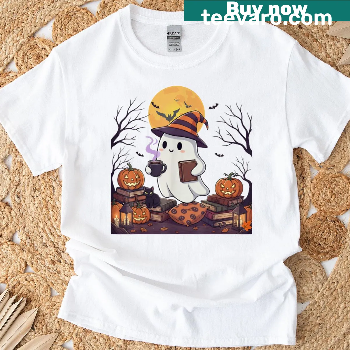 Ghost with a book and coffee design on a Halloween t-shirt. — on a men's t-shirt