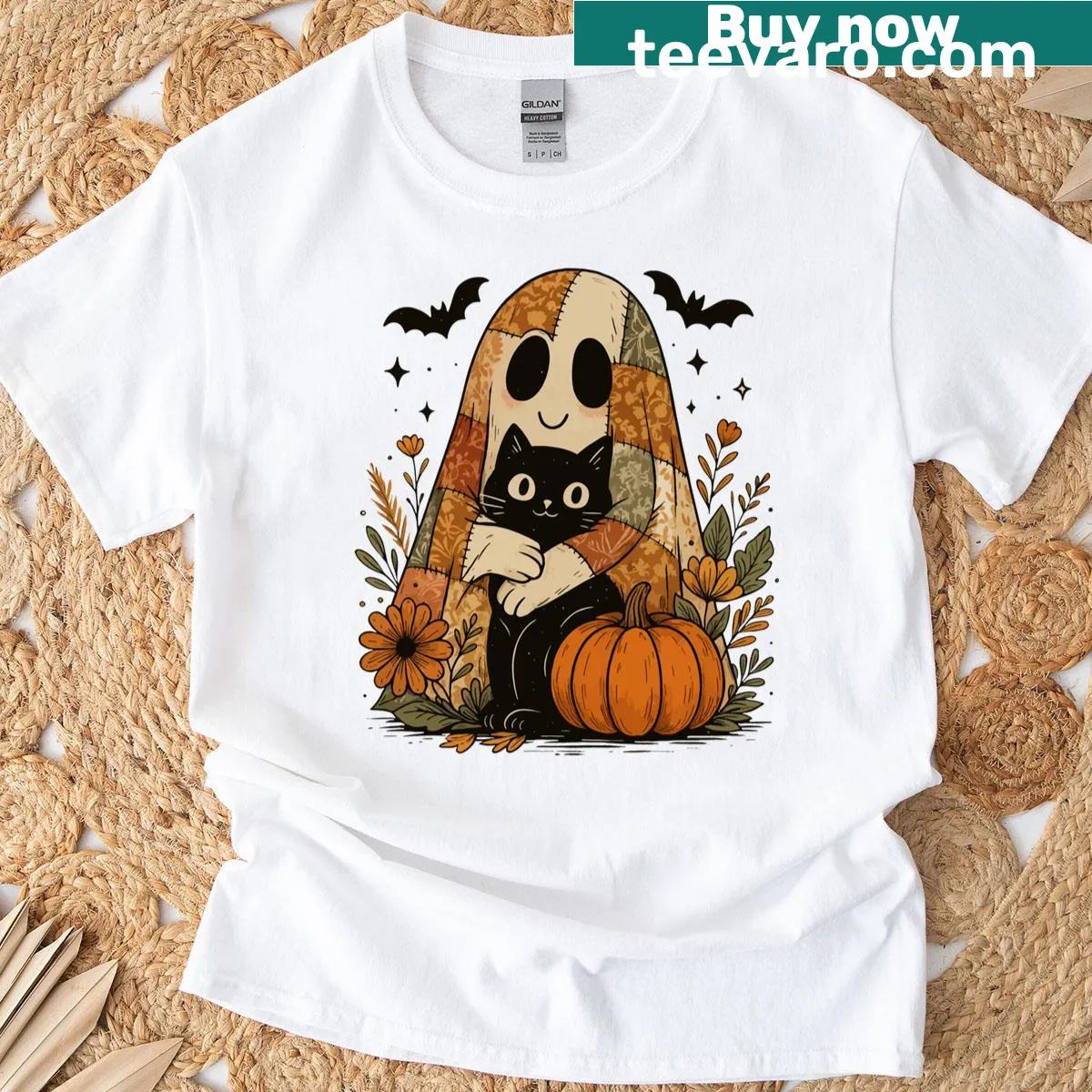 Cute ghost and black cat hugging design with pumpkins and flowers — on a men's t-shirt