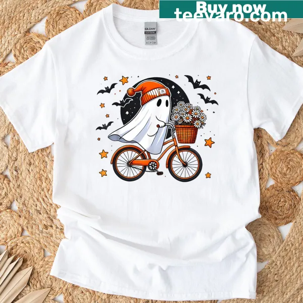 Illustration of a cute ghost riding a bike for Halloween
