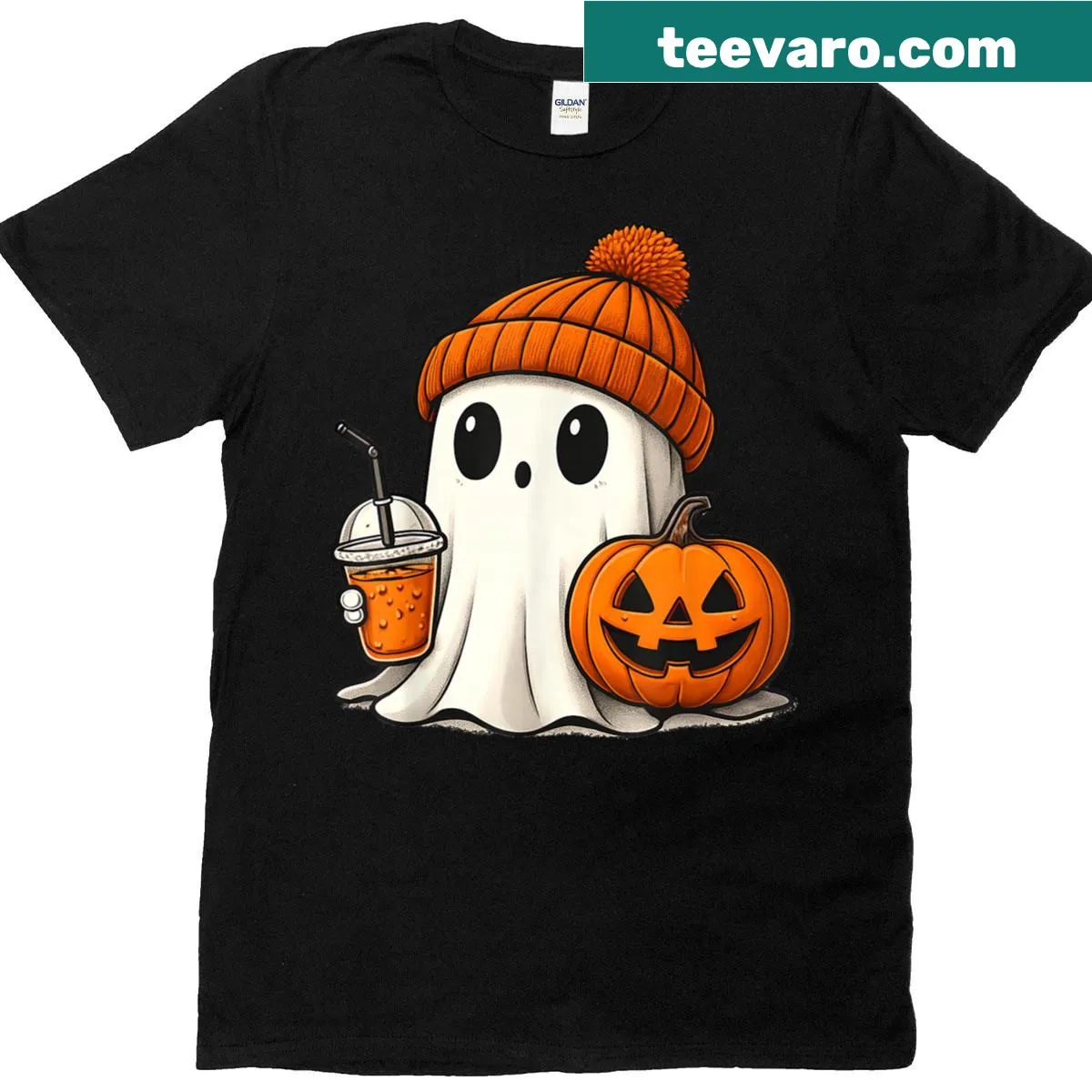 Cute ghost holding a drink next to a smiling pumpkin — on a men's t-shirt