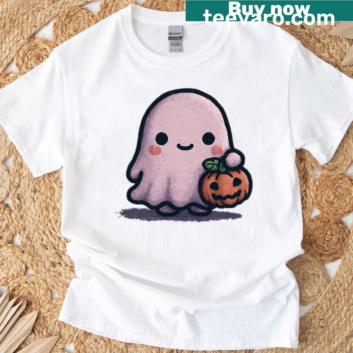 Kawaii ghost with a pumpkin design on a Halloween t-shirt. — on a men's t-shirt