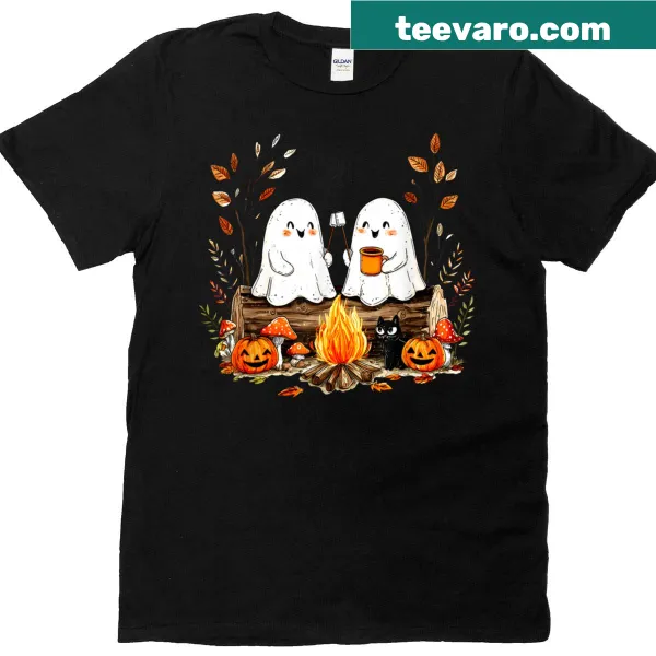 Cute ghosts around a campfire with cats and pumpkins graphic