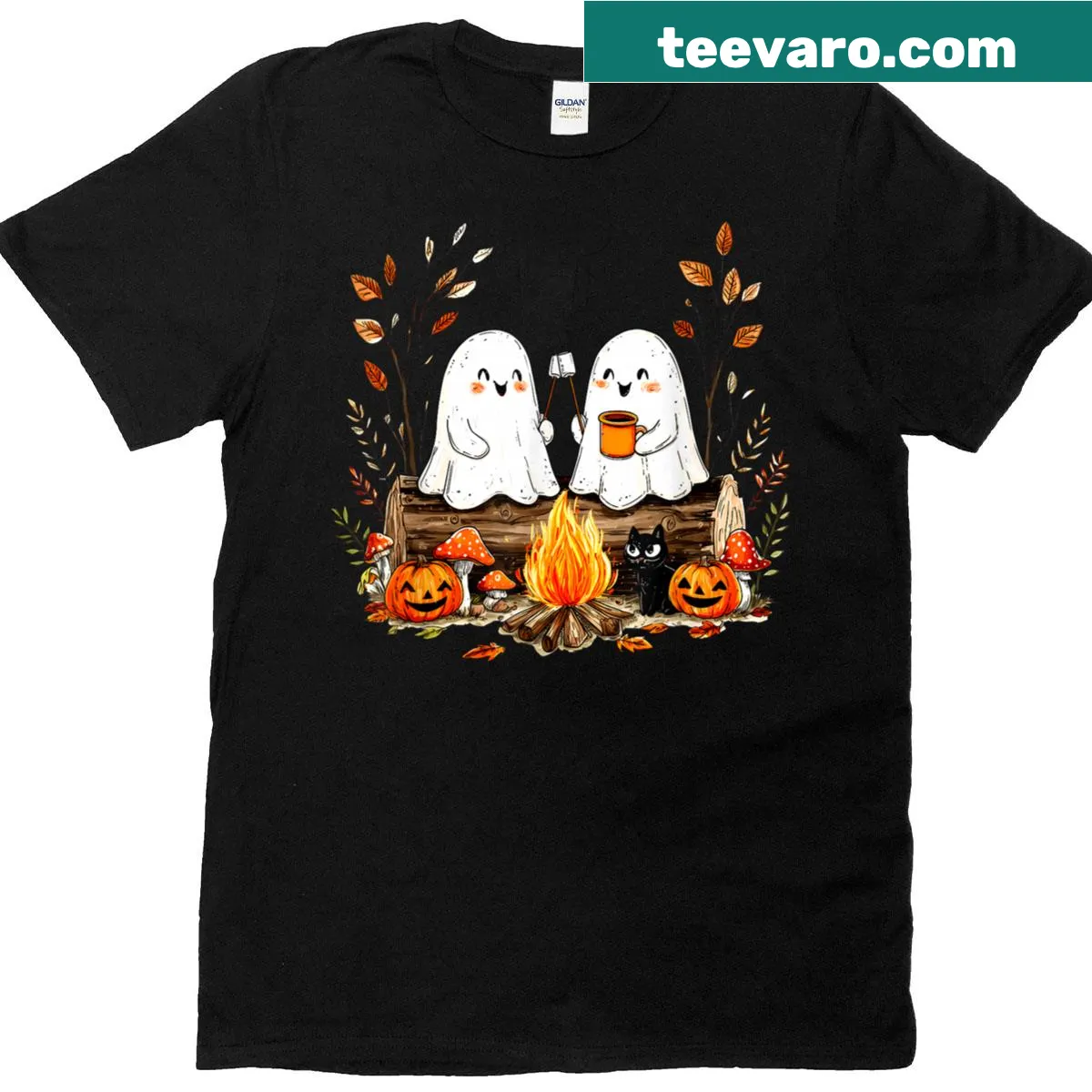 Cute ghosts around a campfire with cats and pumpkins graphic — on a men's t-shirt