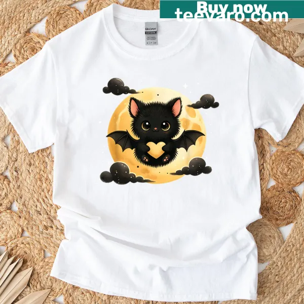 Cute Halloween T-shirt featuring a bat with heart and full moon
