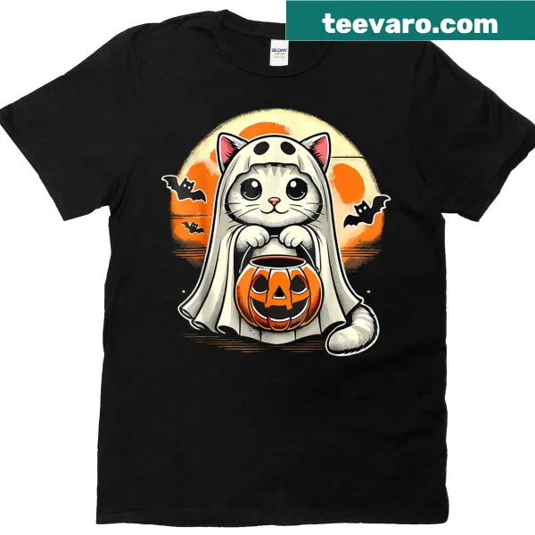 Illustration of a cute Halloween cat ghost on a T-shirt