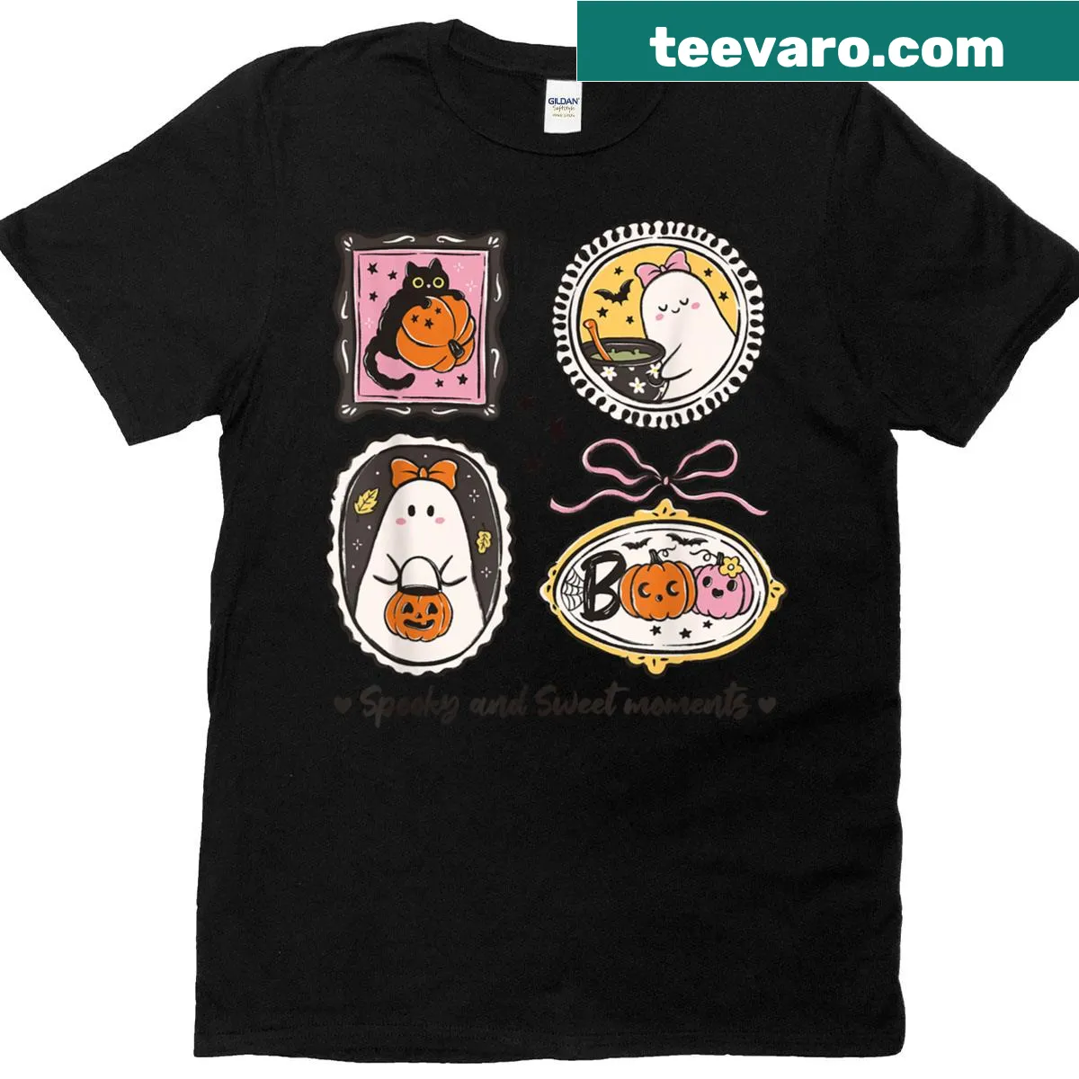 Cute ghost cat and pumpkin Halloween design T-shirt — on a men's t-shirt