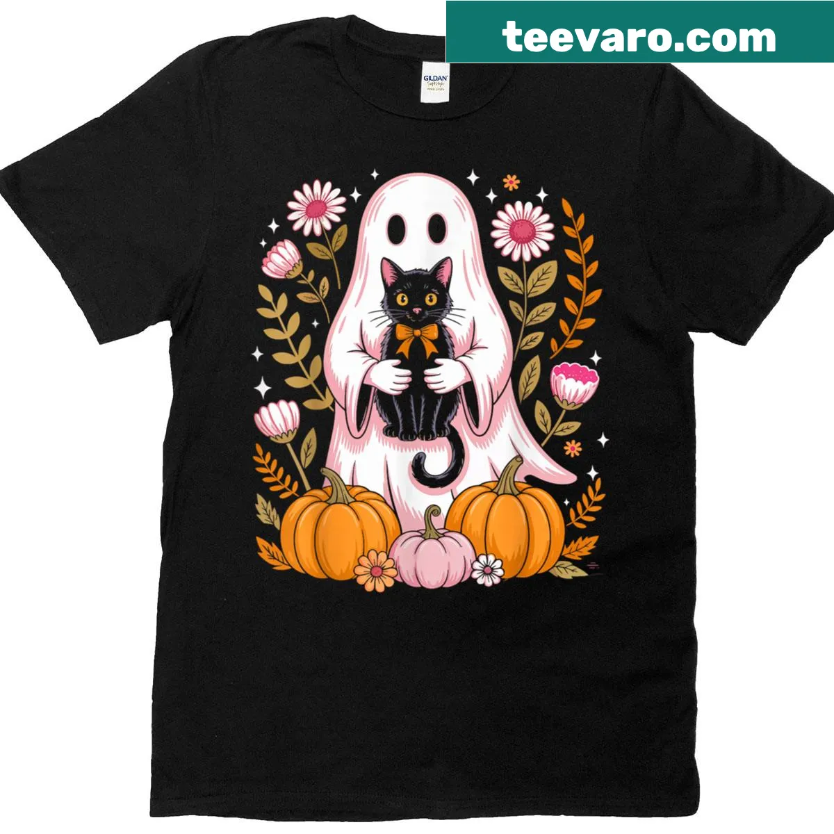 Vintage-style Halloween tee with ghost and black cat — on a men's t-shirt