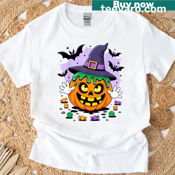 Funny cartoon pumpkin with witch hat Halloween t-shirt
