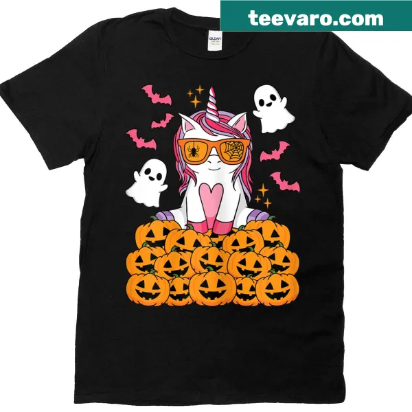 Cute Halloween shirt featuring a unicorn, pumpkin, and ghost illustration