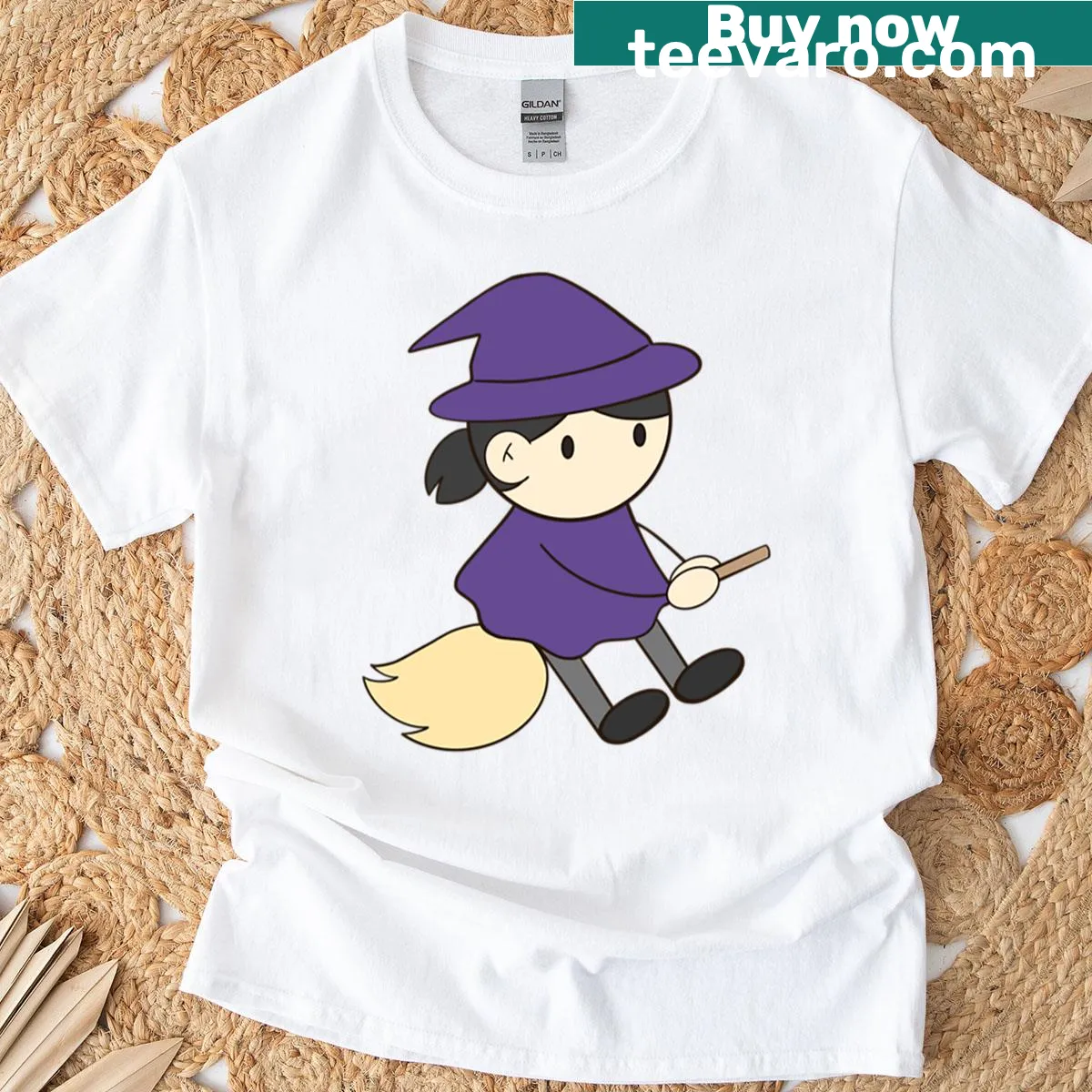 Kawaii style T-shirt featuring a cute witch on a broom with stars — on a men's t-shirt